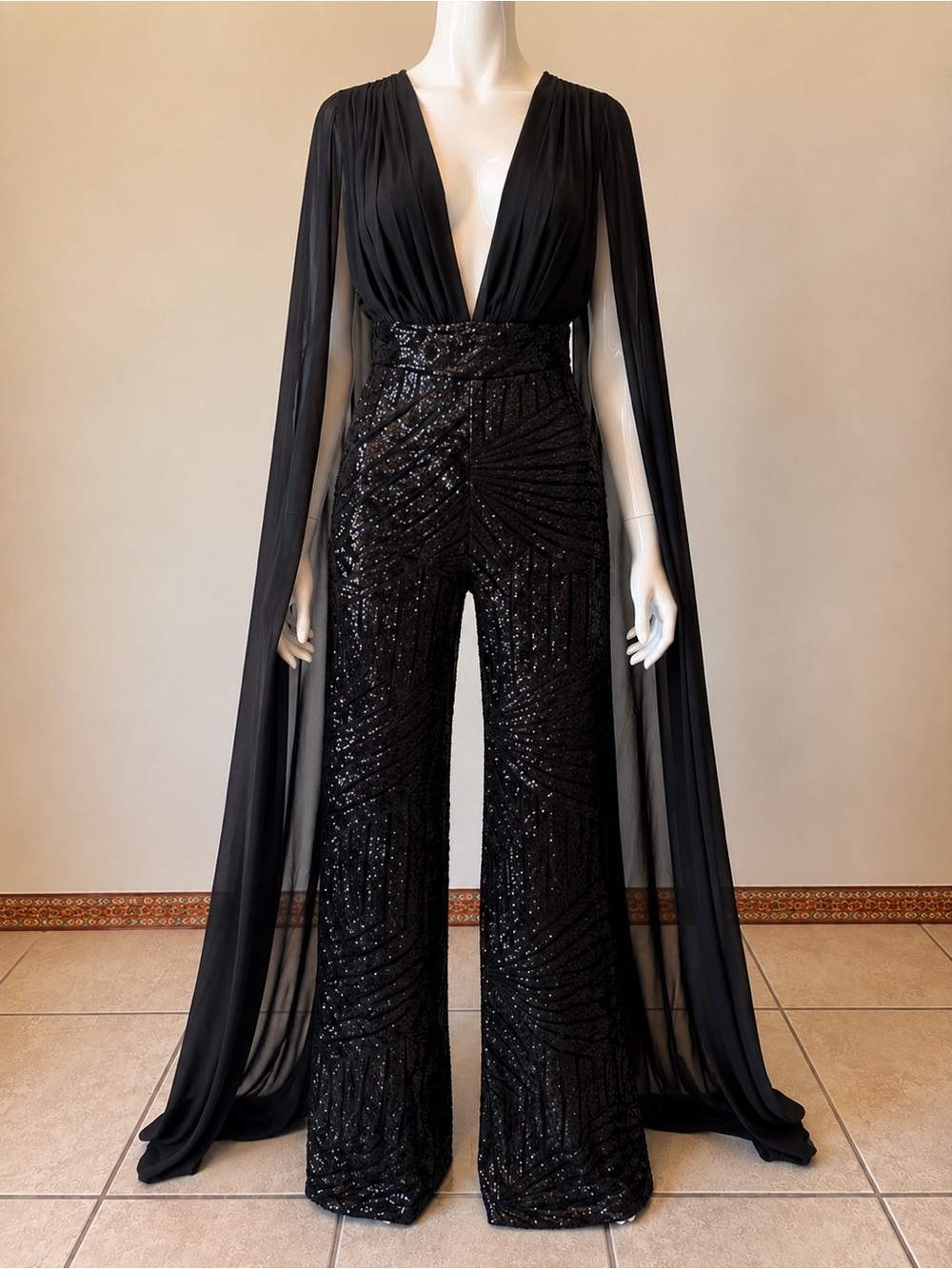 Banjul Black Sequin Wide-Leg Jumpsuit with Dramatic Cape Sleeves